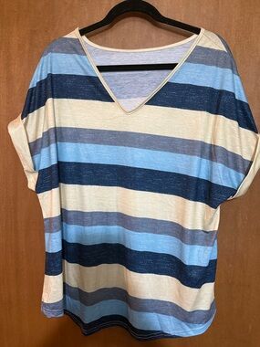 NWOT Relaxed V-Neck Striped Women’s Top in Blue, Gray and Yellow